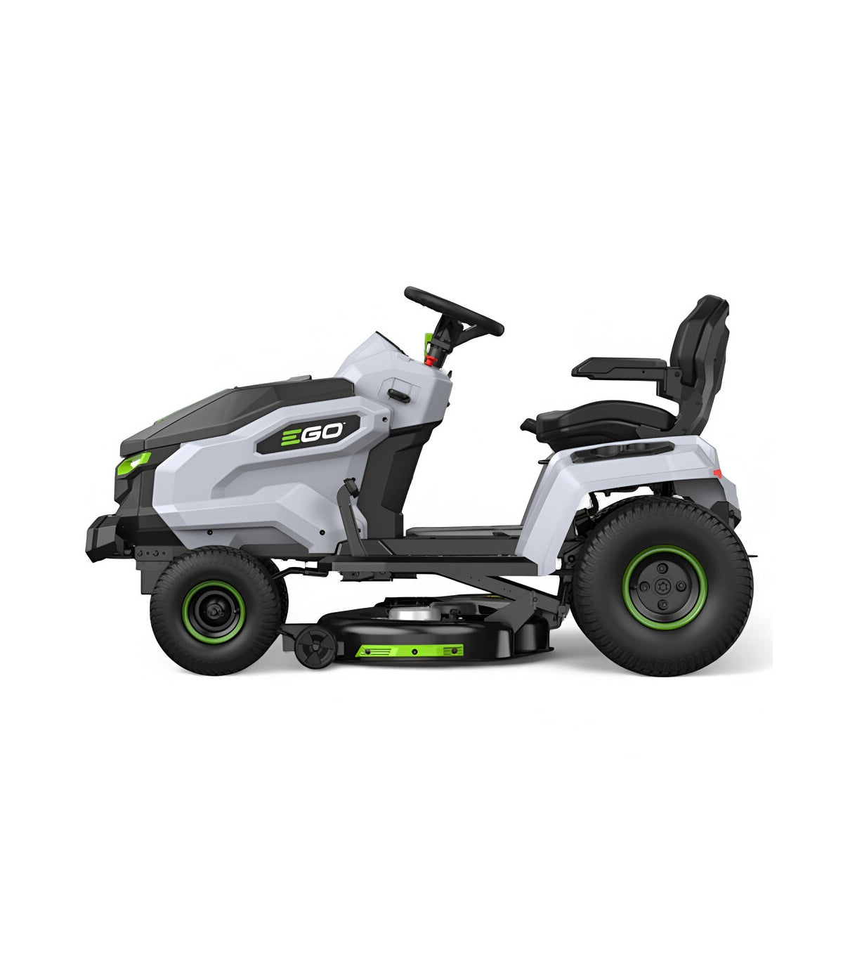 EGO TR4201E Aufsitzrasenmäher-Komplettpaket mit Seitenauswurf und Mulchfunktion, 4 x 10-Ah-Akkus und Schnellladegerät